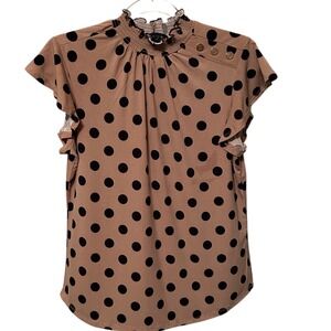 Adrienne Vittadini Polka Dot Mock Neck Ruffle Sleeve Blouse Women M Beige Black